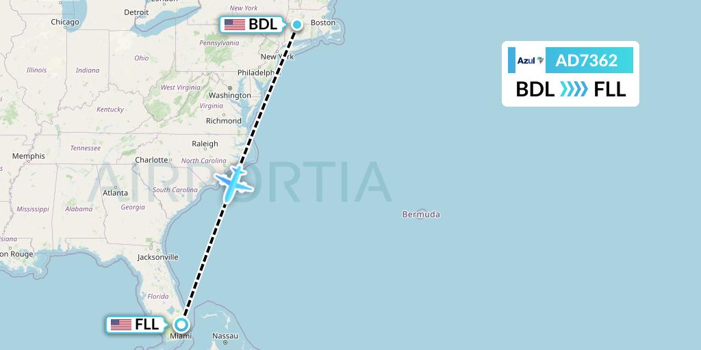 AD7362 Azul Brazilian Airlines Flight Map: Windsor Locks to Fort Lauderdale