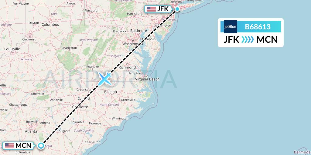 B68613 JetBlue Airways Flight Map: New York to Macon