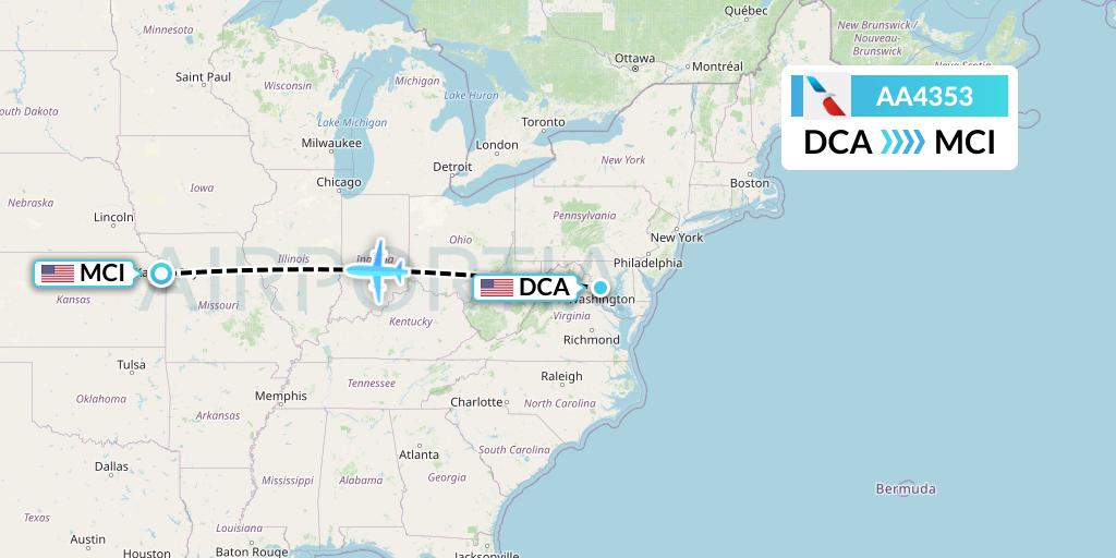 AA4353 American Airlines Flight Map: Washington to Kansas City