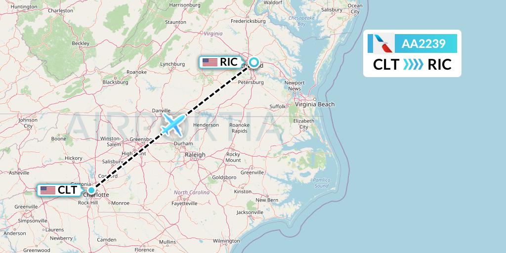 AA2239 American Airlines Flight Map: Charlotte to Richmond