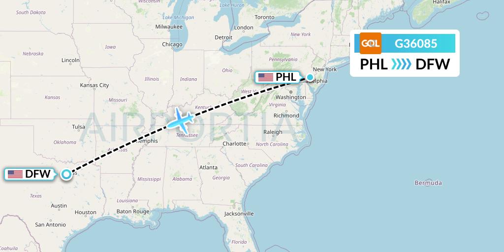 G36085 GOL Transportes Aeros Flight Map: Philadelphia to Dallas