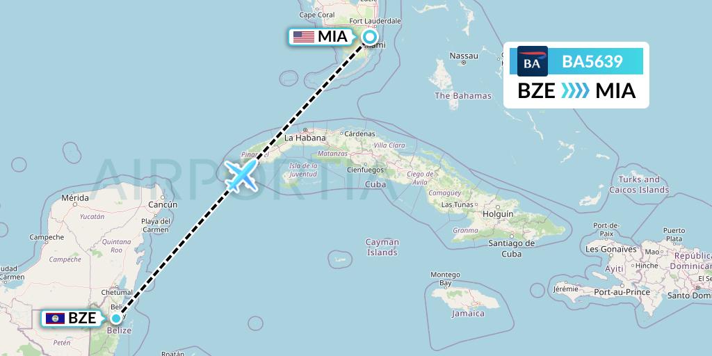 BA5639 British Airways Flight Map: Belize City to Miami