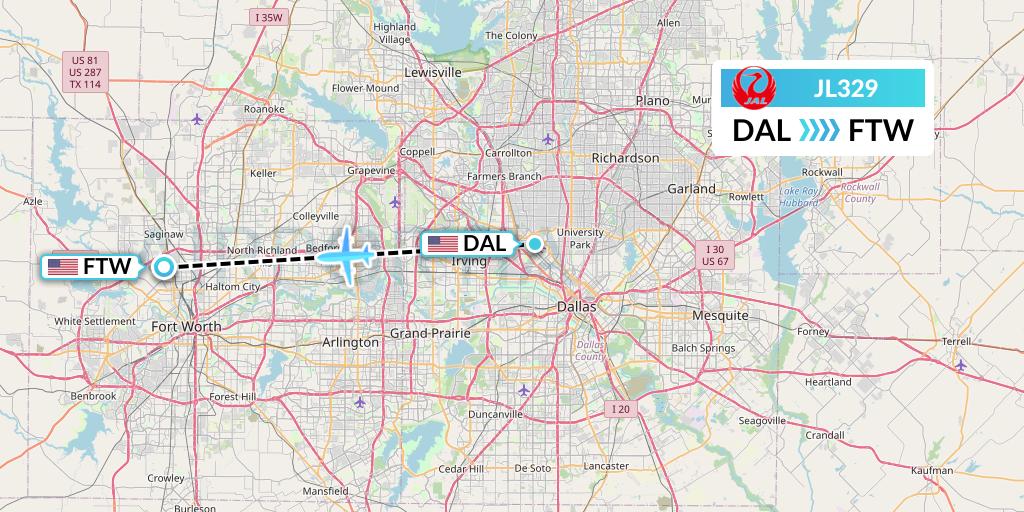 JL329 Japan Airlines Flight Map: Dallas to Fort Worth