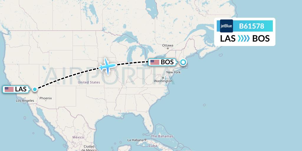 B61578 JetBlue Airways Flight Map: Las Vegas to Boston
