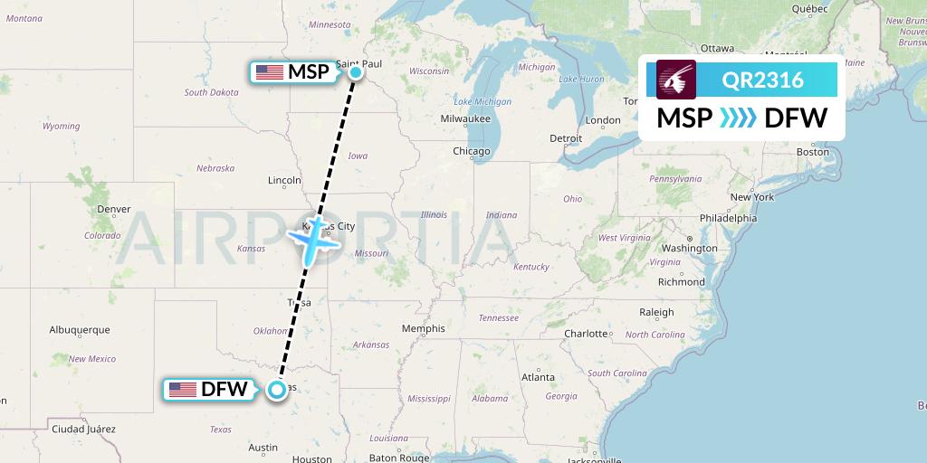 QR2316 Qatar Airways Flight Map: Minneapolis to Dallas
