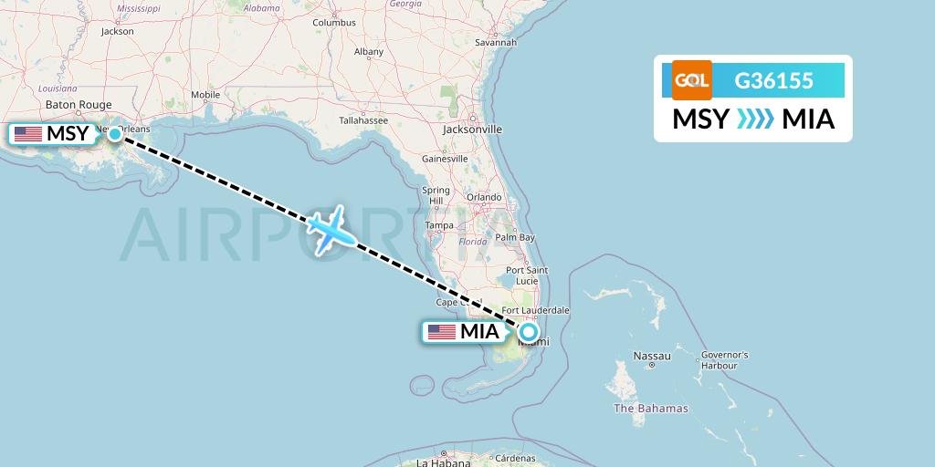 G36155 GOL Transportes Aeros Flight Map: New Orleans to Miami