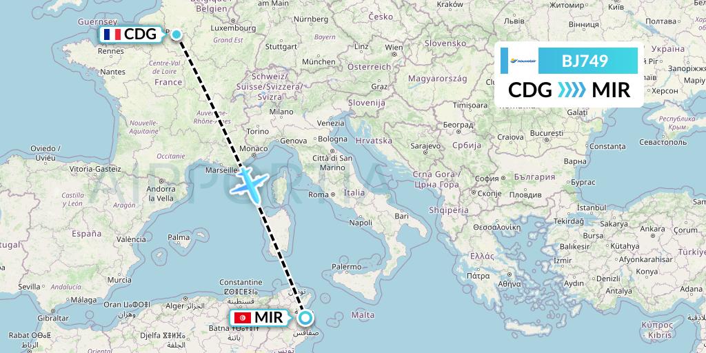BJ749 Nouvelair Tunisie Flight Map: Paris to Monastir
