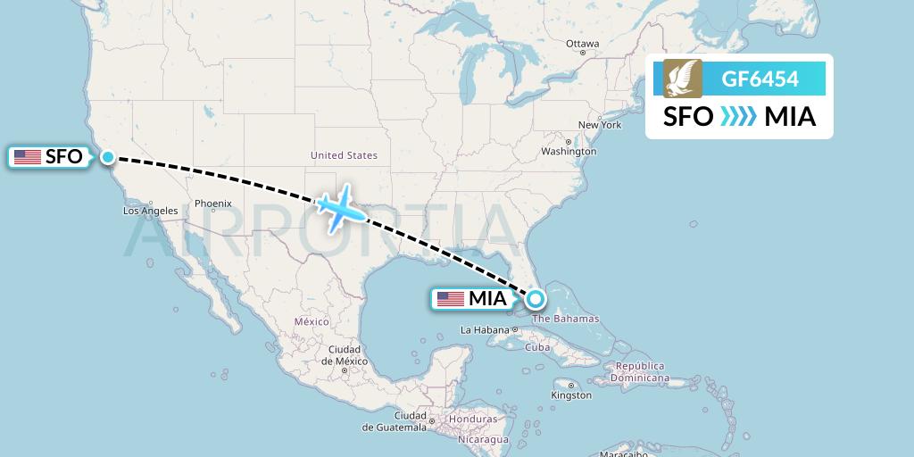 GF6454 Gulf Air Flight Map: San Francisco to Miami