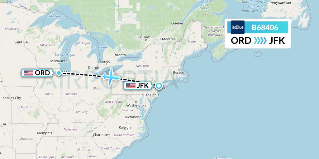B68406 JetBlue Airways Flight Map: Chicago to New York