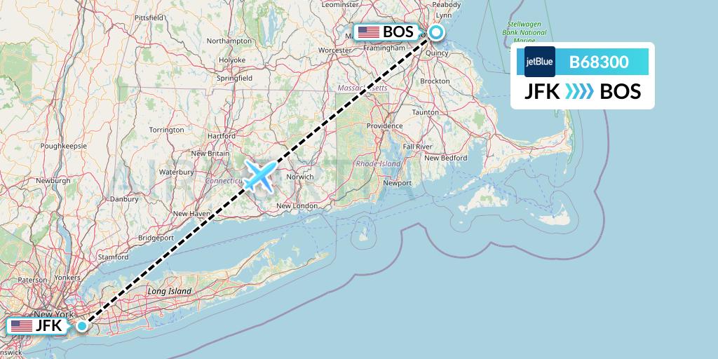 B68300 JetBlue Airways Flight Map: New York to Boston