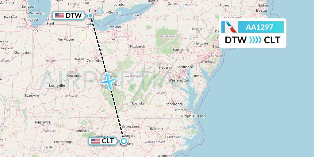 AA1297 American Airlines Flight Map: Detroit to Charlotte