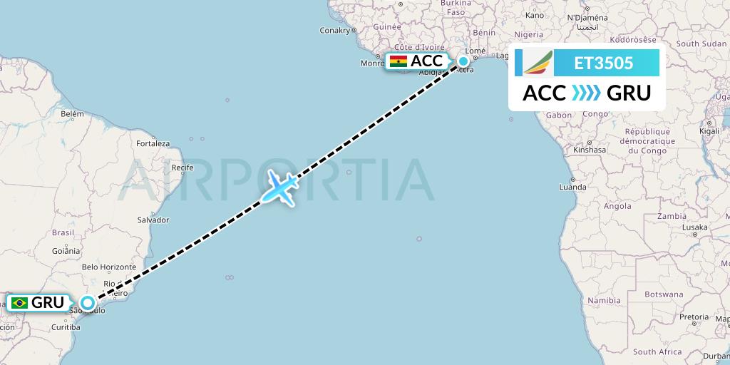 ET3505 Ethiopian Airlines Flight Map: Accra to Sao Paulo