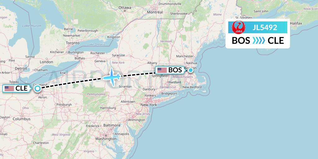 JL5492 Japan Airlines Flight Map: Boston to Cleveland