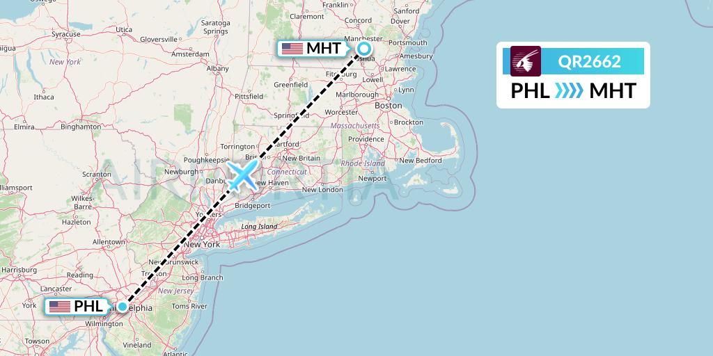 QR2662 Qatar Airways Flight Map: Philadelphia to Manchester