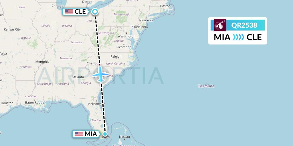 QR2538 Qatar Airways Flight Map: Miami to Cleveland