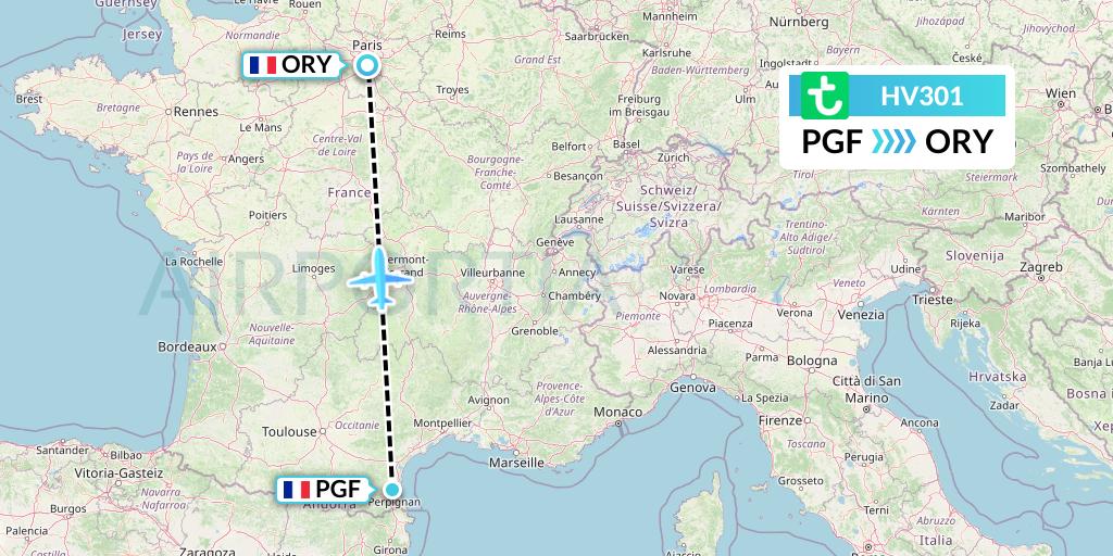 HV301 Transavia Flight Map: Perpignan to Paris
