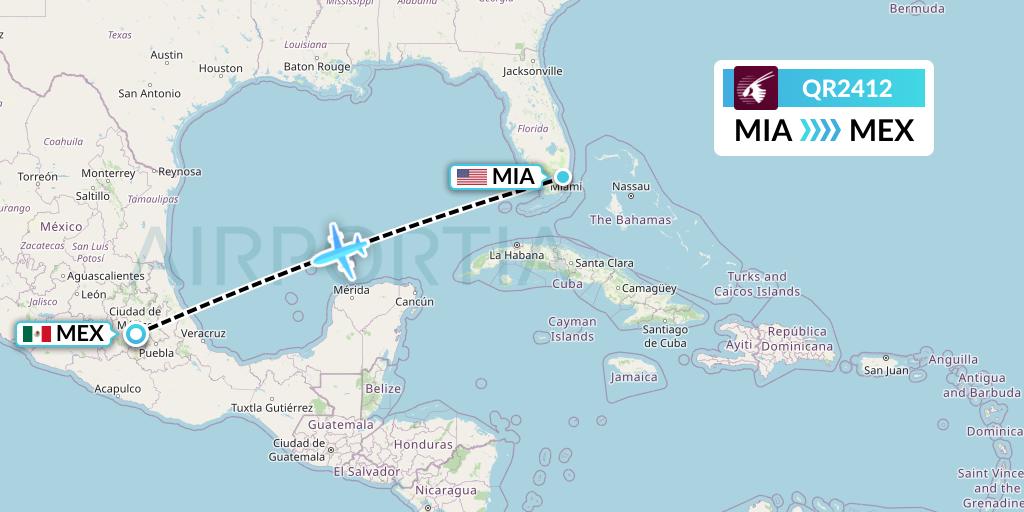 QR2412 Qatar Airways Flight Map: Miami to Mexico City