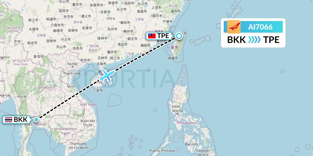 AI7066 Air India Flight Map: Bangkok to Taipei