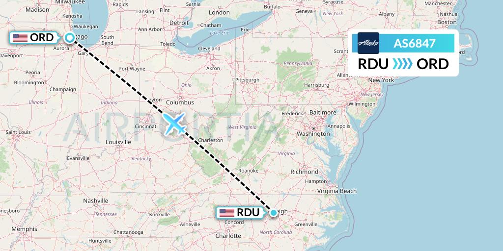 AS6847 Alaska Airlines Flight Map: Raleigh-Durham to Chicago