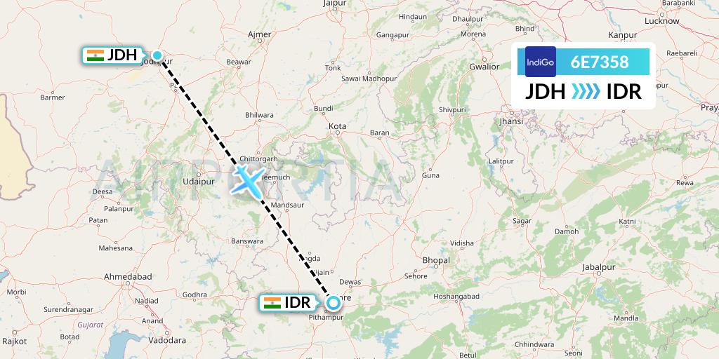 6E7358 IndiGo Airlines Flight Map: Jodhpur to Indore