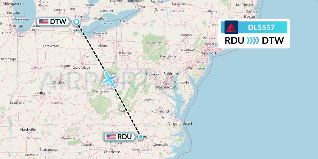 DL5557 Delta Air Lines Flight Map: Raleigh-Durham to Detroit