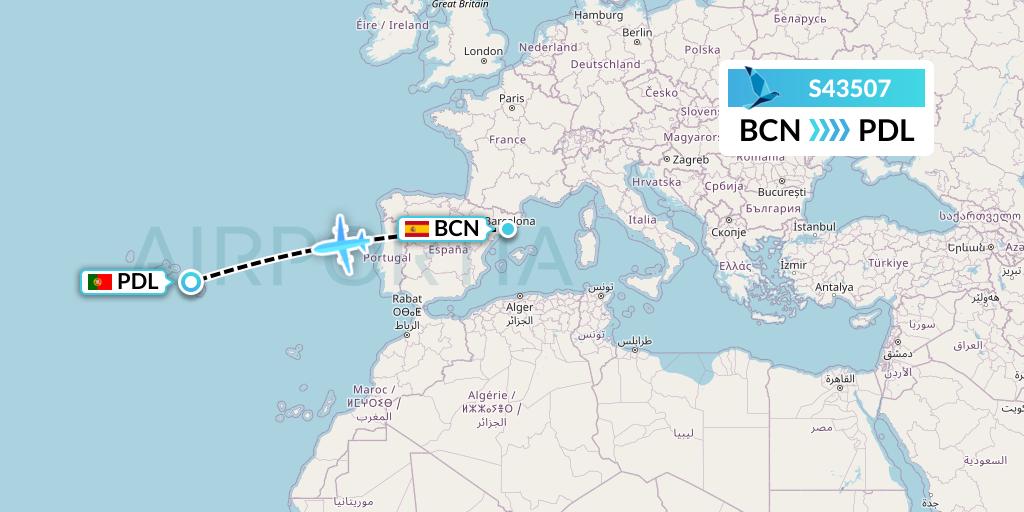 S43507 Azores Airlines Flight Map: Barcelona to Ponta Delgada