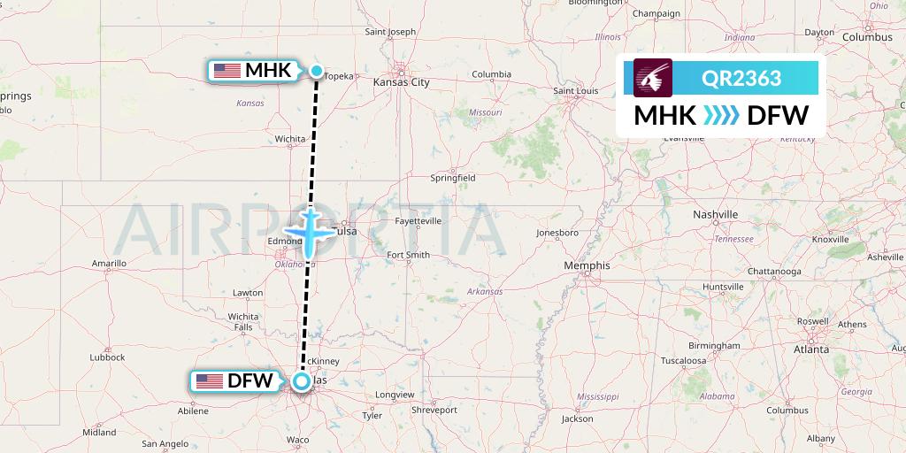 QR2363 Qatar Airways Flight Map: Manhattan to Dallas