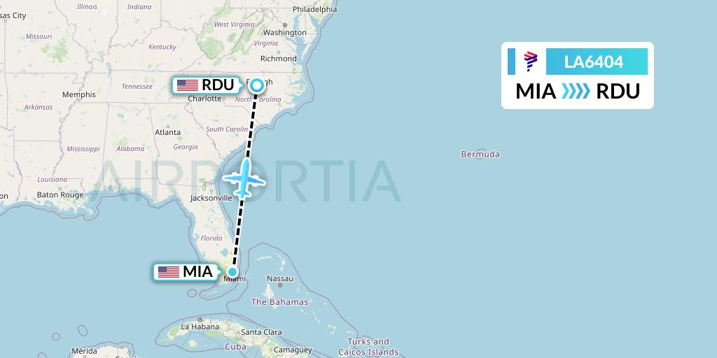 LA6404 LAN Airlines Flight Map: Miami to Raleigh-Durham