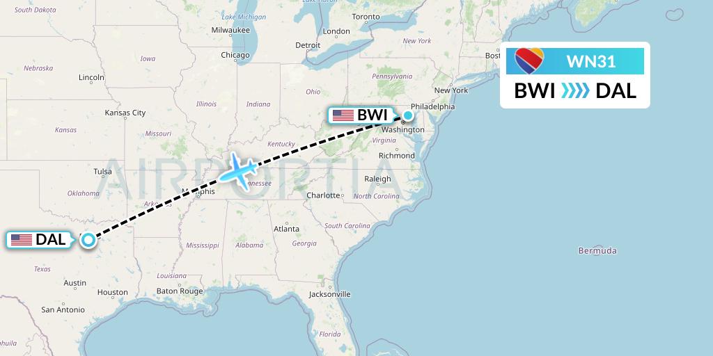 WN31 Southwest Airlines Flight Map: Baltimore to Dallas