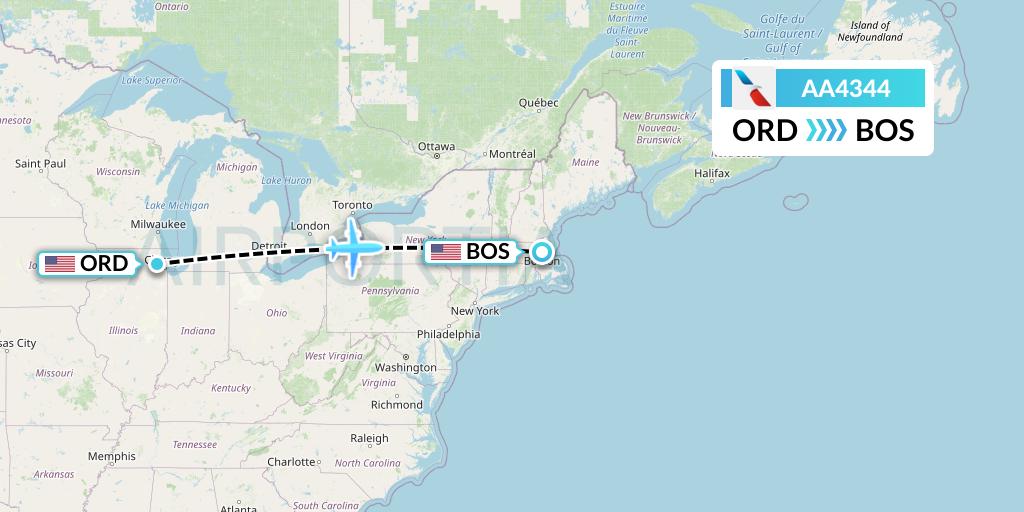 AA4344 American Airlines Flight Map: Chicago to Boston