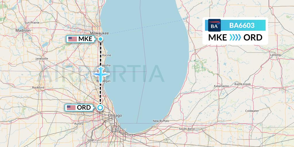 BA6603 British Airways Flight Map: Milwaukee to Chicago