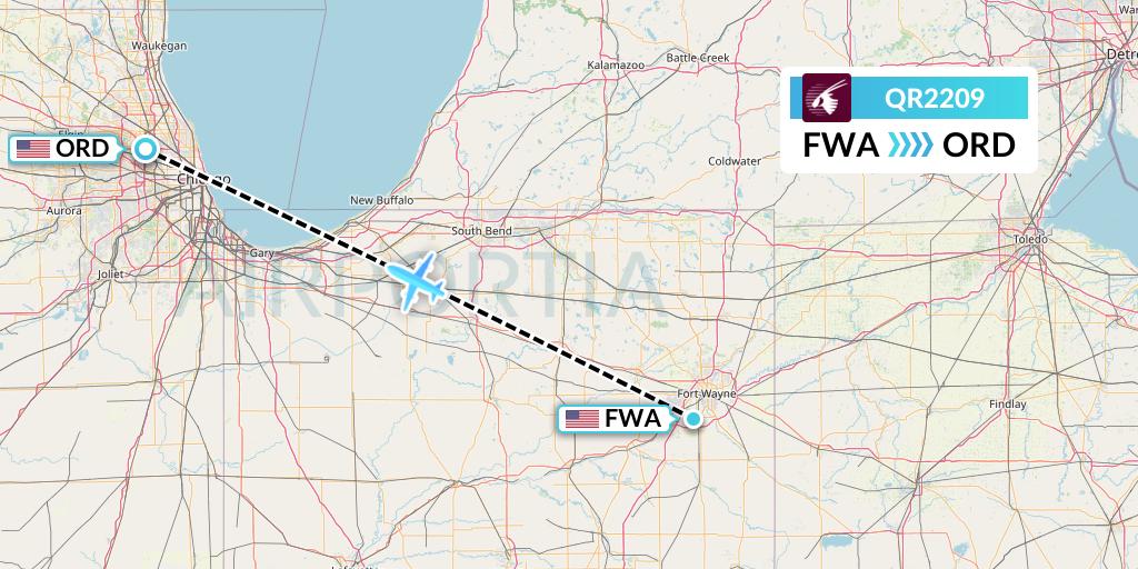 QR2209 Qatar Airways Flight Map: Fort Wayne to Chicago
