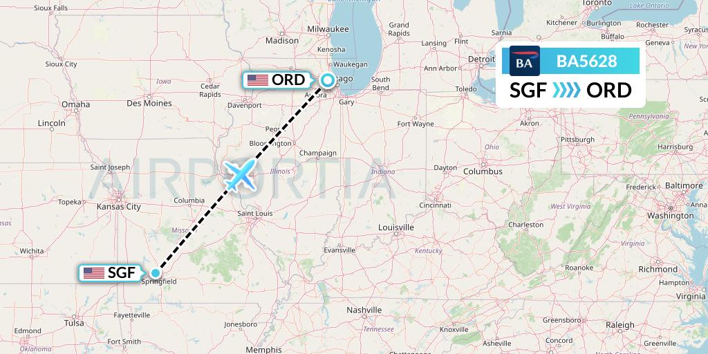 BA5628 British Airways Flight Map: Springfield to Chicago
