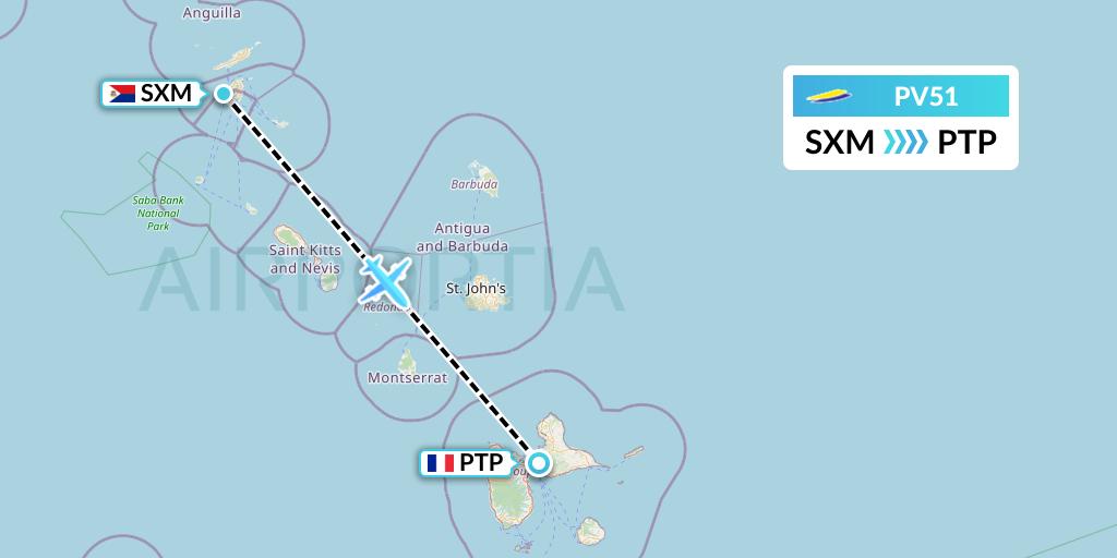 PV51 St. Barth Commuter Flight Map: Sint Maarten to Pointe-a-Pitre