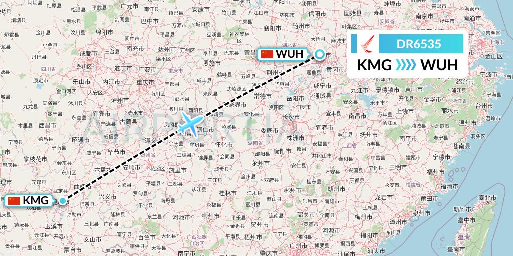 DR6535 Ruili Airlines Flight Map: Kunming to Wuhan