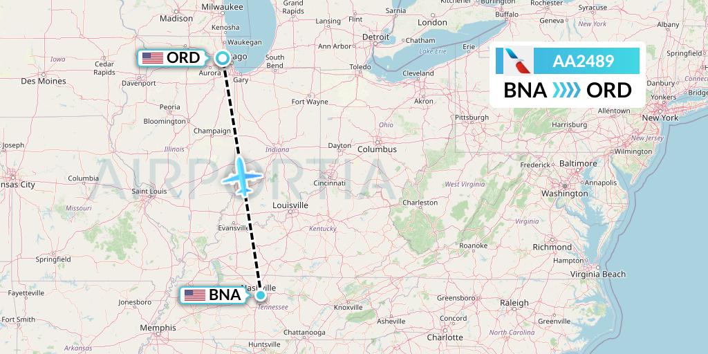 AA2489 American Airlines Flight Map: Nashville to Chicago