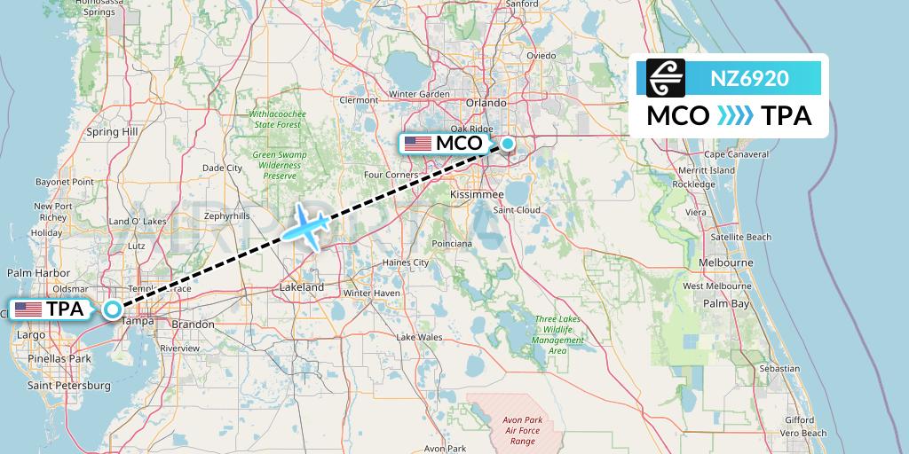 NZ6920 Air New Zealand Flight Map: Orlando to Tampa