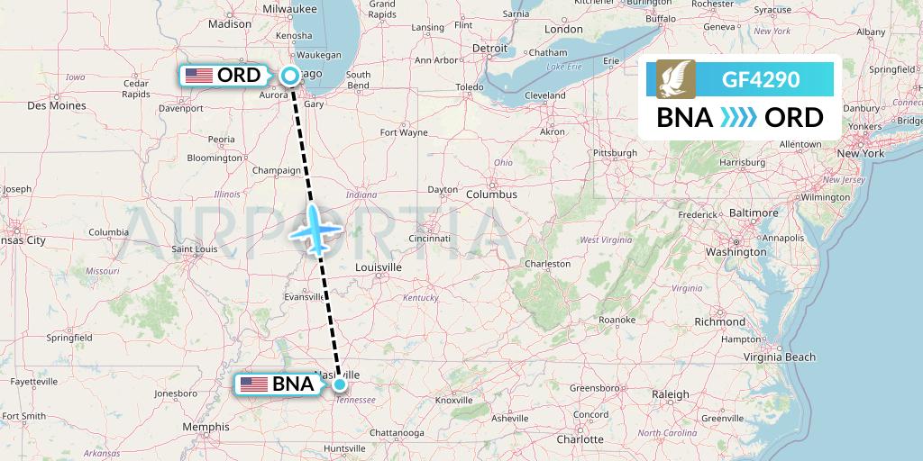 GF4290 Gulf Air Flight Map: Nashville to Chicago