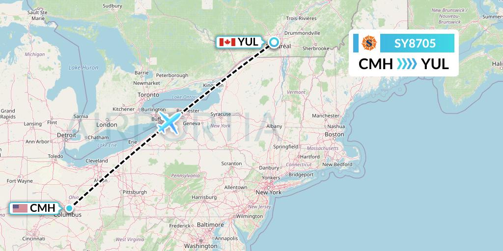 SY8705 Sun Country Airlines Flight Map: Columbus to Montreal