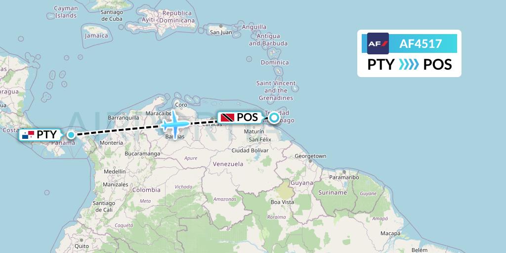 AF4517 Air France Flight Map: Panama City to Port of Spain