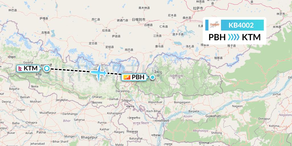KB4002 Druk Air Flight Map: Paro to Kathmandu