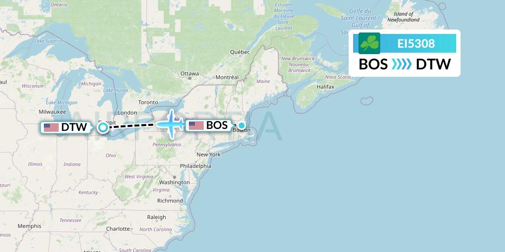 EI5308 Aer Lingus Flight Map: Boston to Detroit