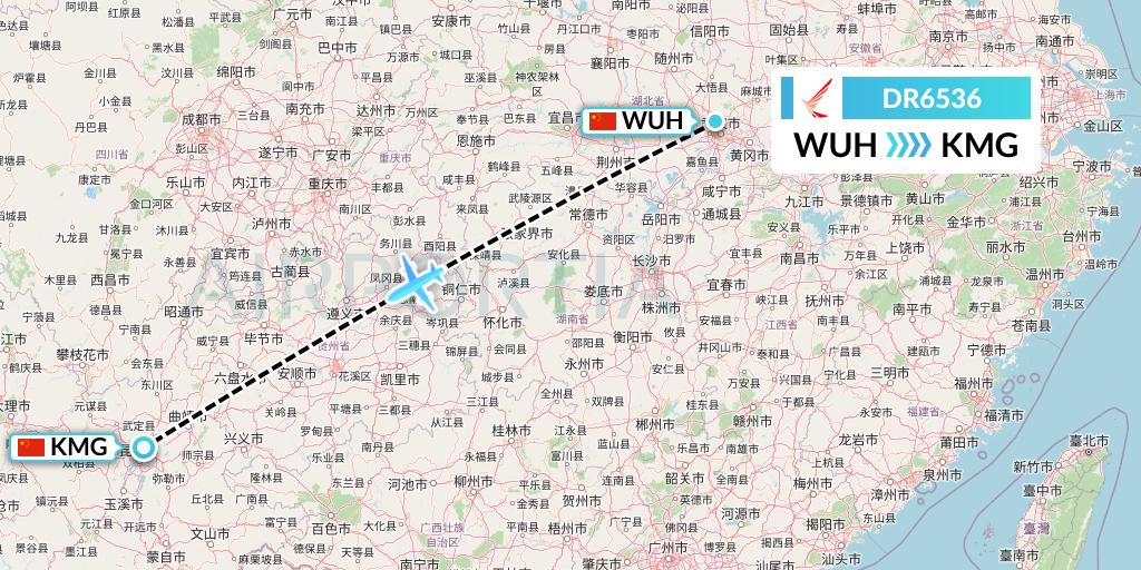 DR6536 Ruili Airlines Flight Map: Wuhan to Kunming