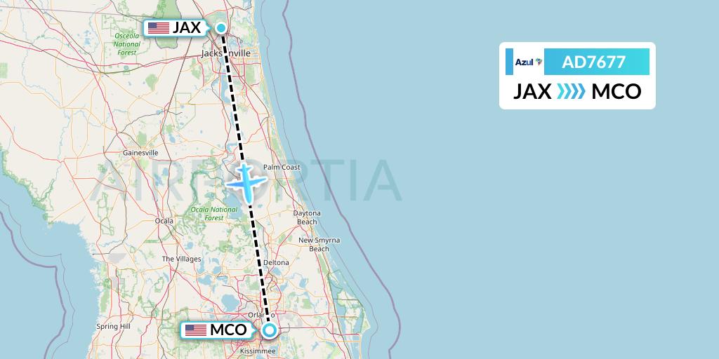 AD7677 Azul Brazilian Airlines Flight Map: Jacksonville to Orlando