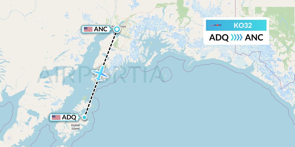 KO32 Komiaviatrans Flight Map: Kodiak to Anchorage