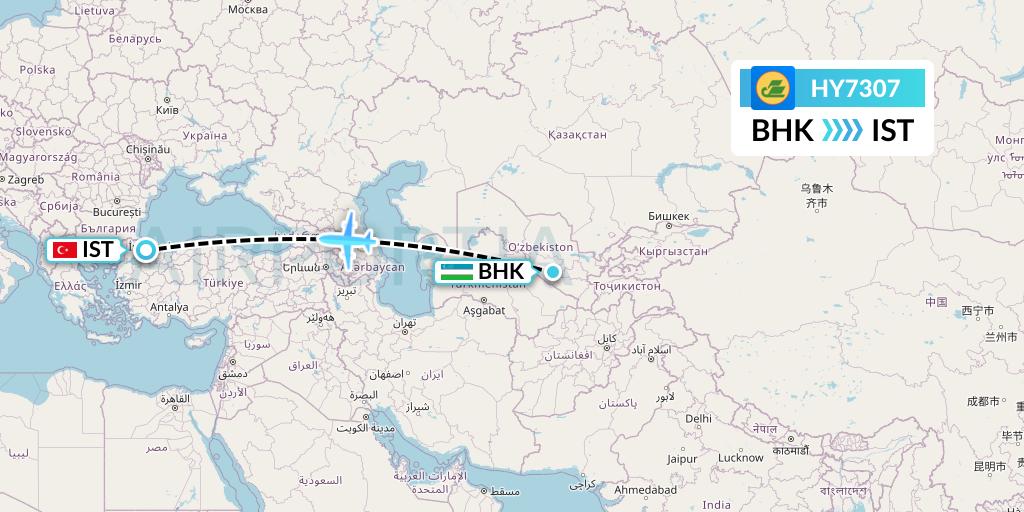 HY7307 Uzbekistan Airways Flight Map: Bukhara to Istanbul