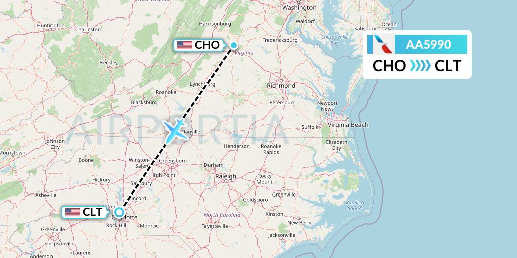 AA5990 American Airlines Flight Map: Charlottesville to Charlotte