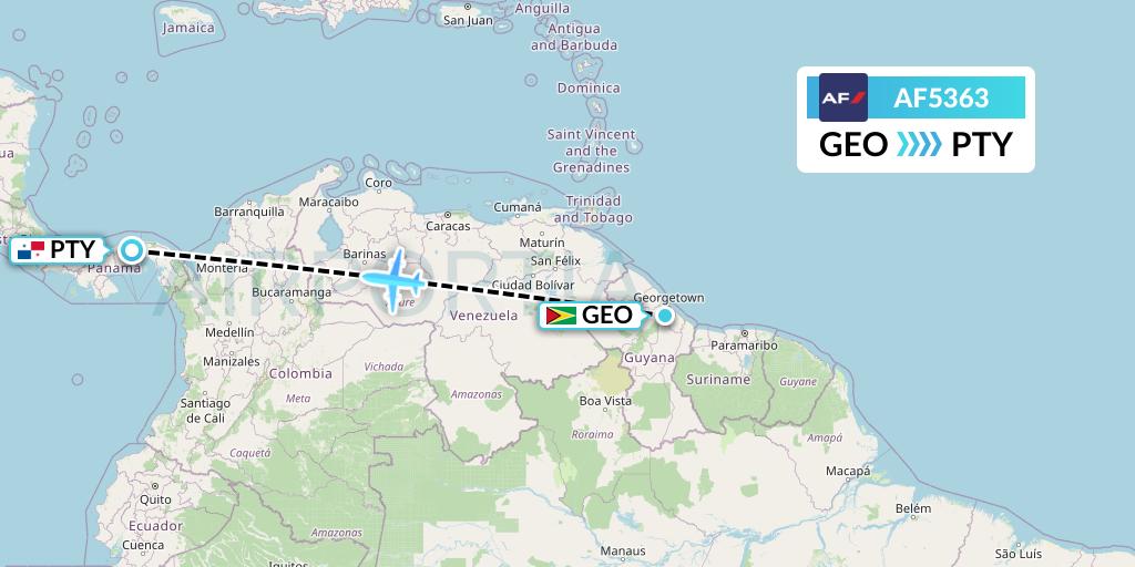 AF5363 Air France Flight Map: Georgetown to Panama City