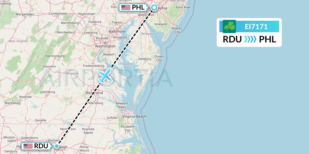 EI7171 Aer Lingus Flight Map: Raleigh-Durham to Philadelphia