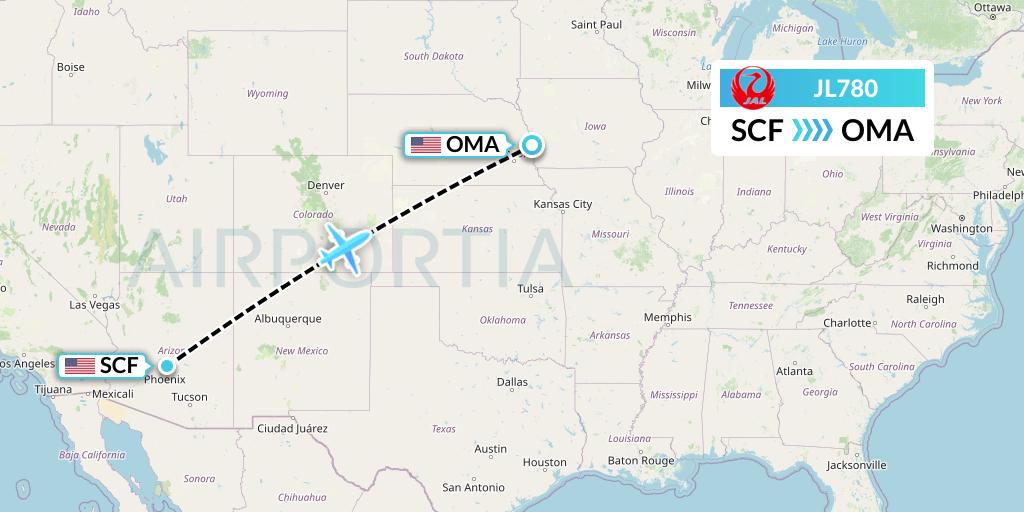 JL780 Japan Airlines Flight Map: Scottsdale to Omaha